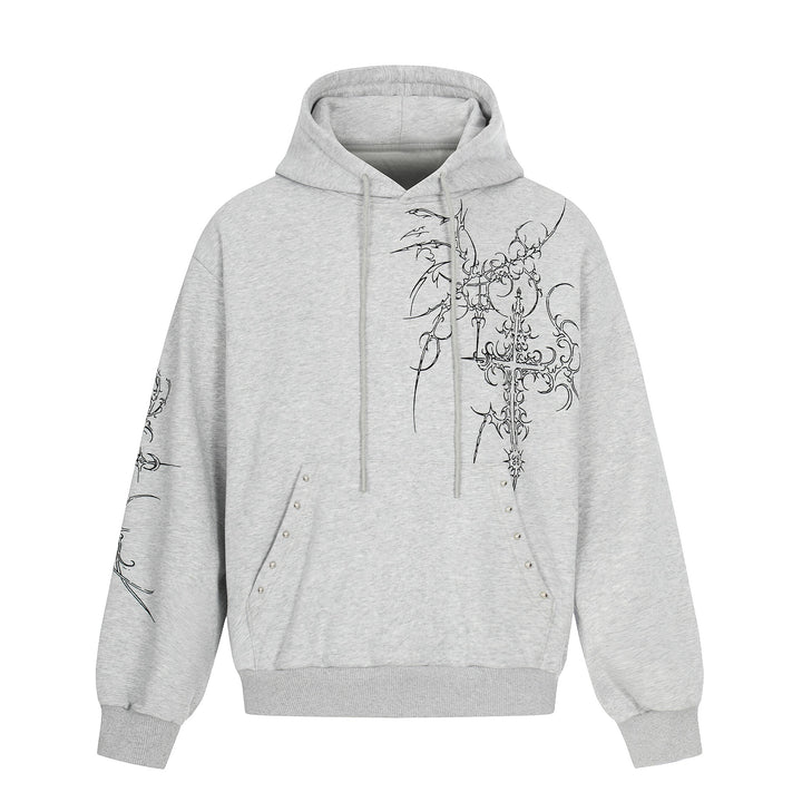 Men's Oversized Hoodie with Ornamental Cross Print and Studs Mune Fashion