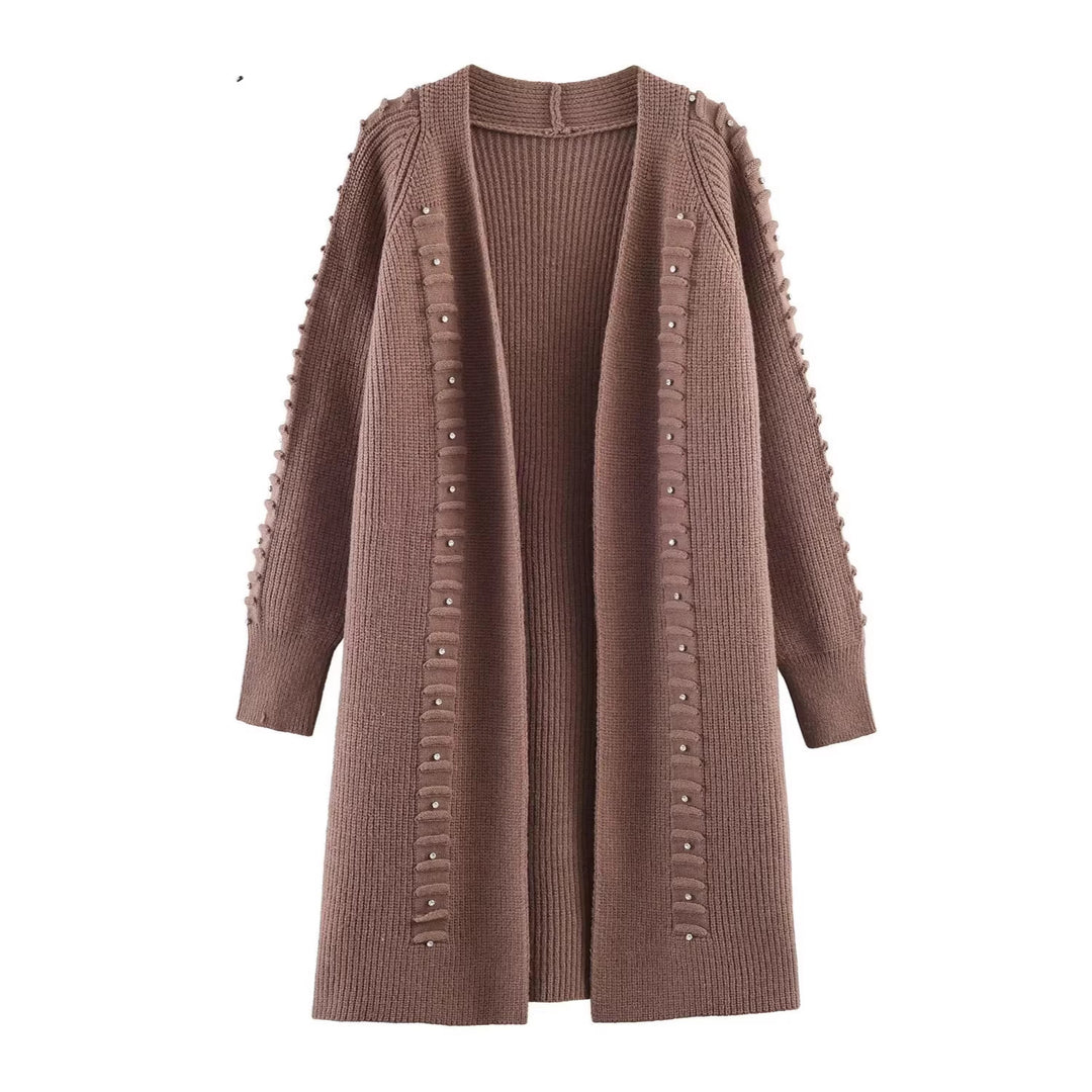 Women Longline Knit Cardigan with Pearl Trim and Ribbed Cuffs Mune Fashion