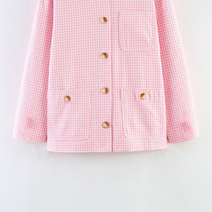 Women’s Oversized Short Jacket with Small Check, Patch Pockets and Decorative Buttons Mune Fashion