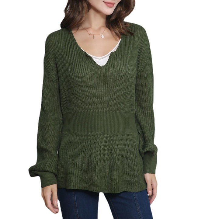 Women's Loose Fine Knit Sweater with V Notch Neckline, Fitted Ribbed Hem and Balloon Sleeves Mune Fashion