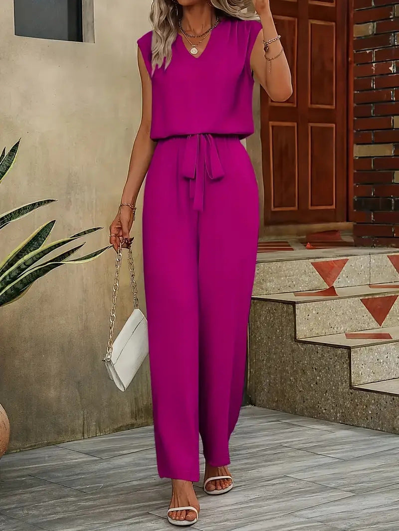 Women Elegant Jumpsuit with V-Neck and Waist Knot Mune Fashion