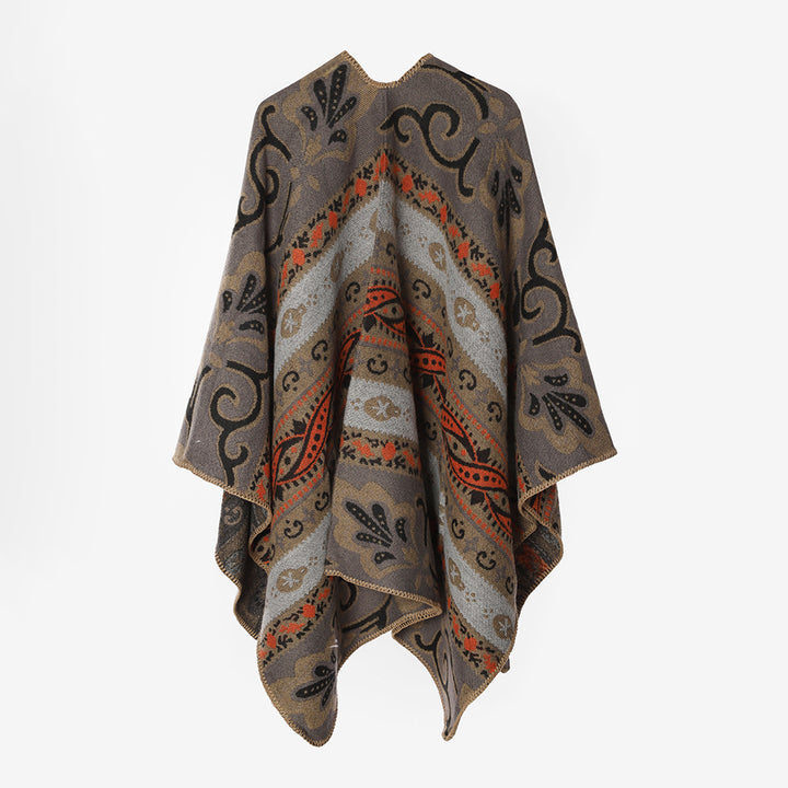 Women's Feel-Good Cape with Folkloric Jacquard Pattern, Open Front and Contrasted Overlock Stitch