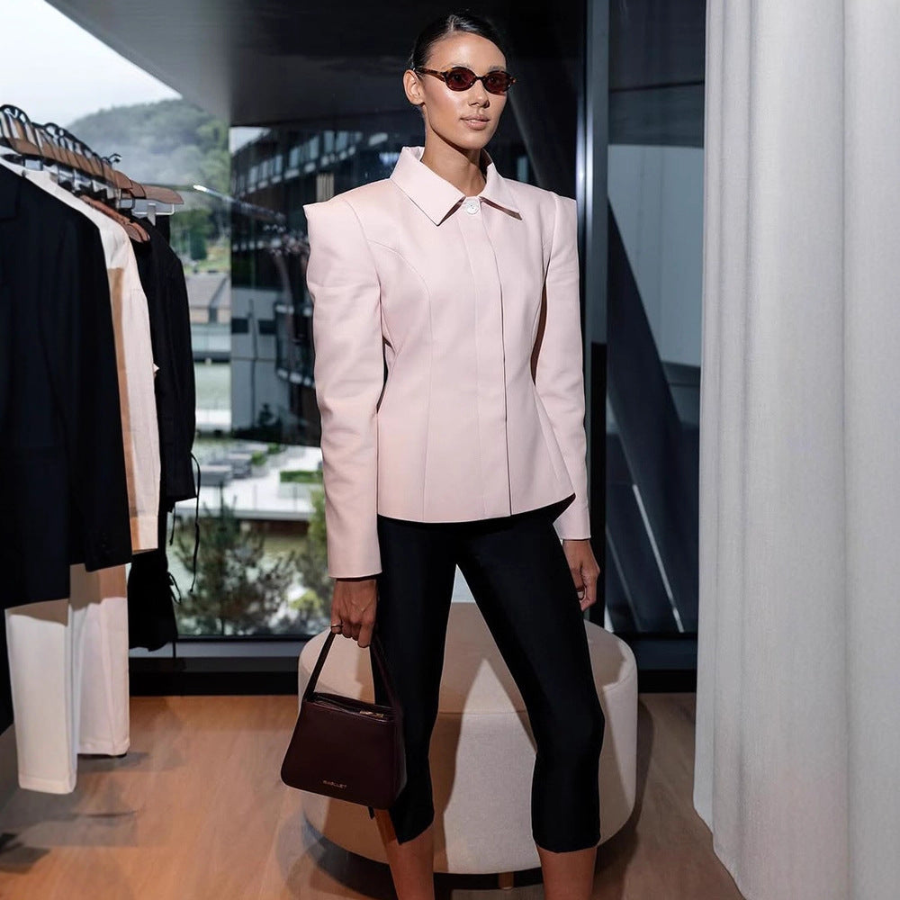 Women's Tailored Blazer with Sculptural Shoulder and Peplum