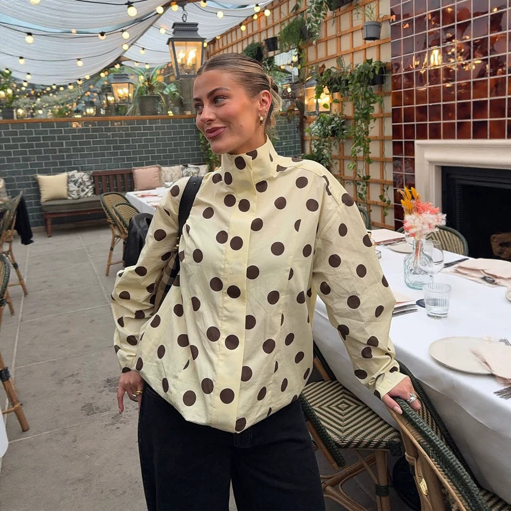 Women's Boxy Shirt Jacket with Stand Collar, Balloon Sleeves and Large Polka Dot Print Mune Fashion