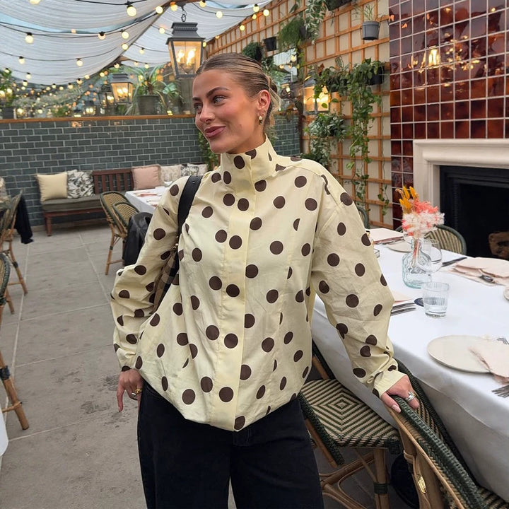 Women's Boxy Shirt Jacket with Stand Collar, Balloon Sleeves and Large Polka Dot Print Mune Fashion