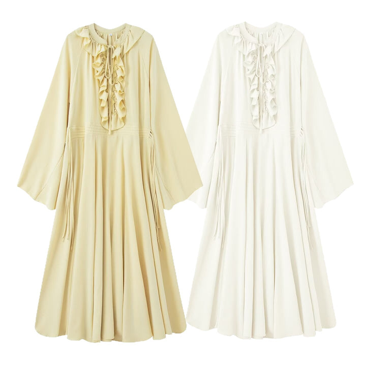Women's maxi dress with ruffles, tie collars and wide bell sleeves Mune Fashion