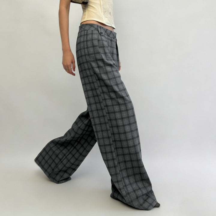 Women's Wide Checked High-Waist Culotte Pants with Pleats Mune Fashion