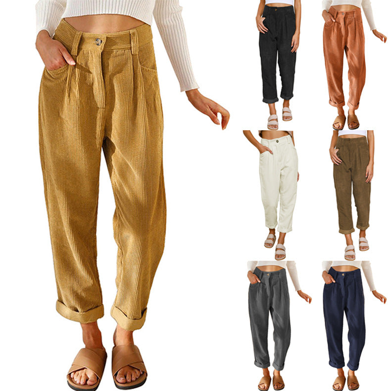 Women's soft wide corduroy pants with high waist, pleats, and turned-up hem Mune Fashion