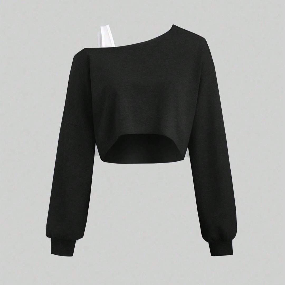 Women's Cropped Sweatshirt in Off-Shoulder Look with Wide Sleeves Mune Fashion