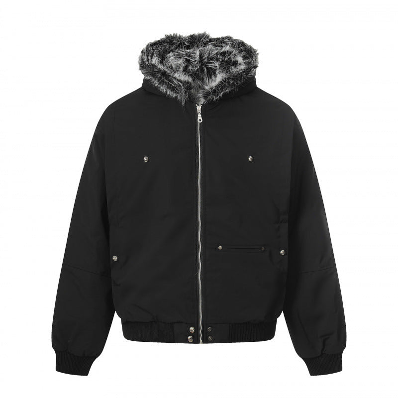 Unisex Short Boxy Bomber Jacket with Faux Fur Hood, Windproof Shell and Thermal Insulation Mune Fashion