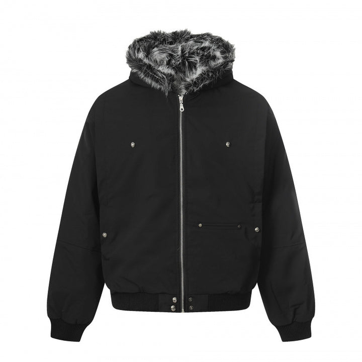 Unisex Short Boxy Bomber Jacket with Faux Fur Hood, Windproof Shell and Thermal Insulation Mune Fashion