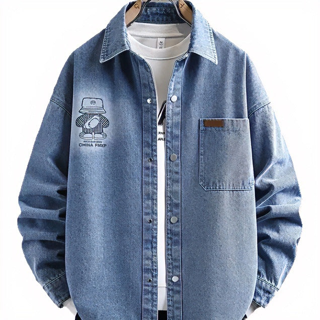 Men's Oversized Denim Shirt Jacket in Relaxed Worker Style with Chest Pocket and Snap Buttons Mune Fashion