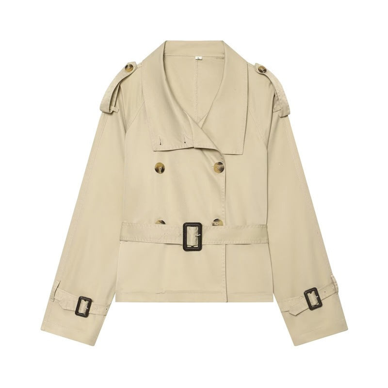 Women Short Boxy Trench with Double Breasted, Waist Belt and Shoulder Tabs Mune Fashion