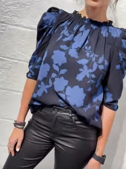Women's wide-cut slip blouse with smocked ruffle collar and elbow-length puff sleeves Mune Fashion