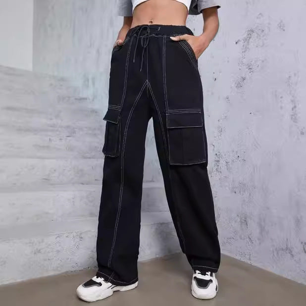 Women’s utilitarian denim cargo pants with contrast stitching and drawstring Mune Fashion