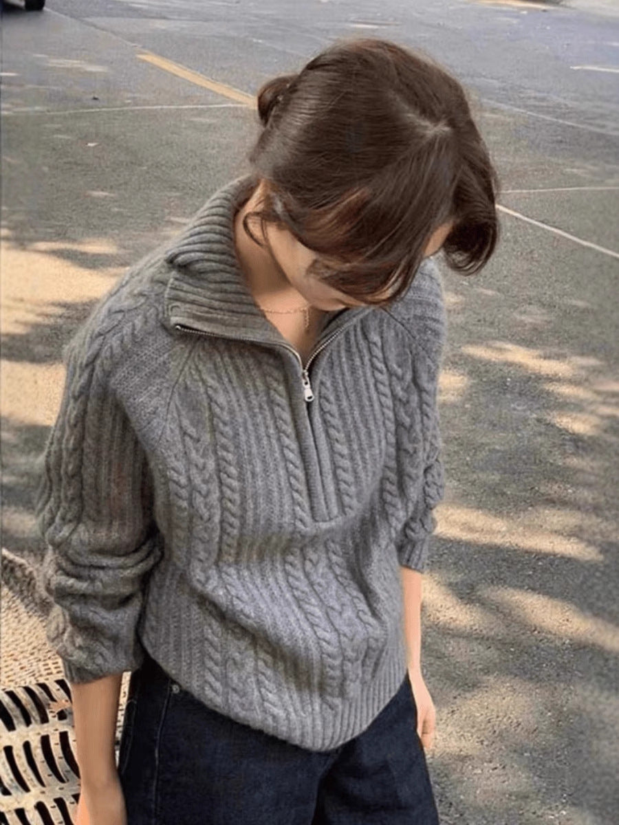 Ladies cable knit polo collar sweater with half zipper and soft mohair look Mune Fashion
