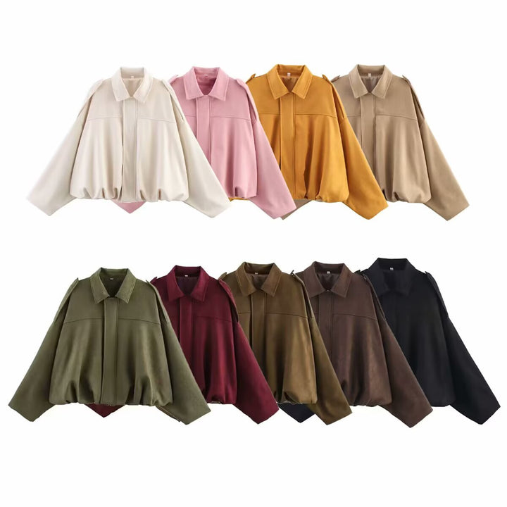 Ladies Oversized Suede Jacket with Shoulder Flaps, Concealed Button Placket and Elastic Hem Mune Fashion