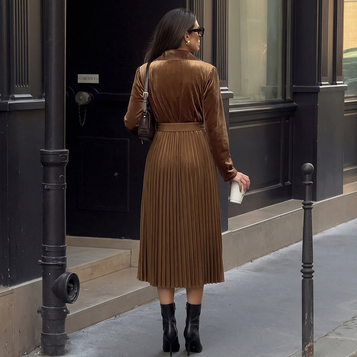 Ladies' velvet midi dress with wrap top, shawl collar, waist belt, and pleated skirt Mune Fashion