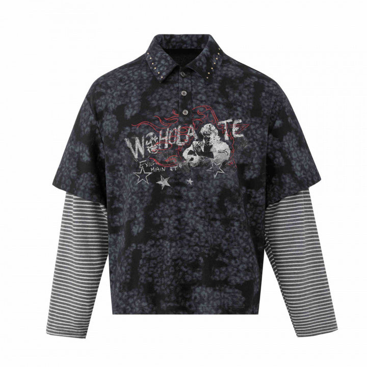 Unisex Layered Look Polo Shirt with Studded Collar, Graphic Print and Striped Sleeves Mune Fashion