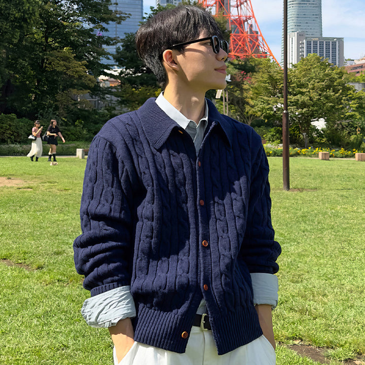Men's cardigan with cable pattern, shirt collar and full button placket Mune Fashion
