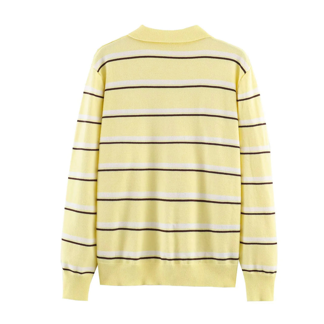Women's striped polo shirt sweater with turtleneck and subtle button placket Mune Fashion