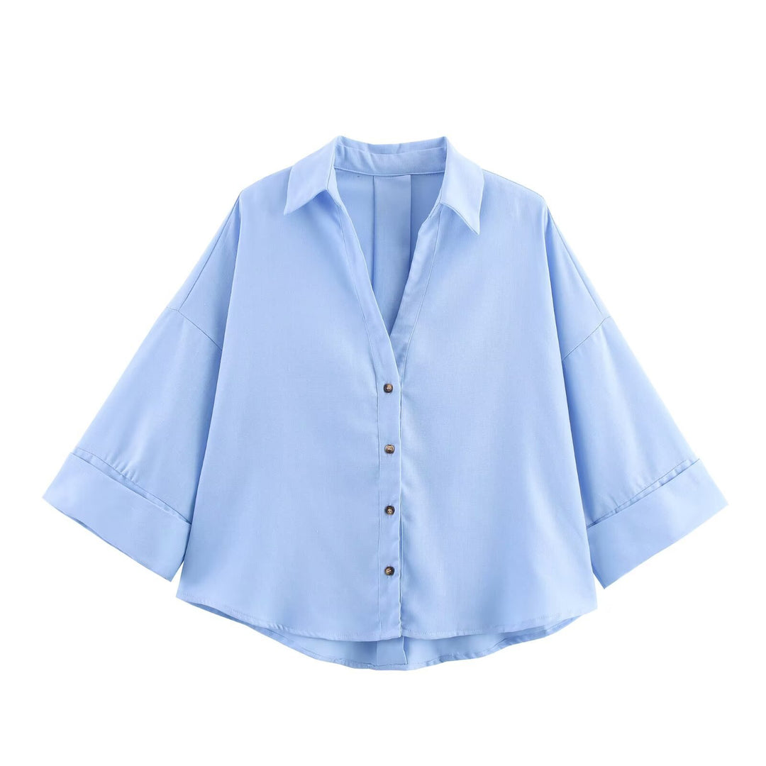 Women's relaxed oversized shirt blouse with wide collar and three-quarter sleeves Mune Fashion