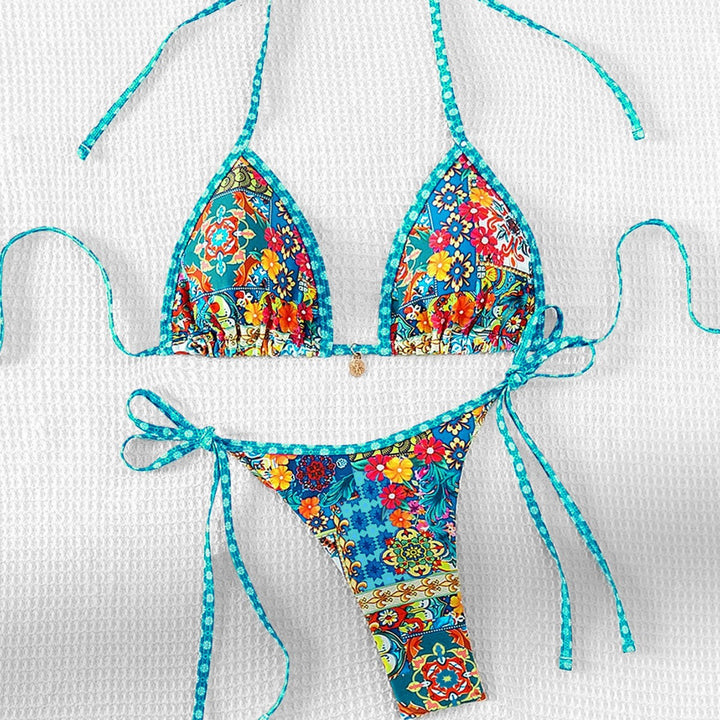 Women's Triangle Bikini with colorful floral pattern and adjustable straps Mune Fashion