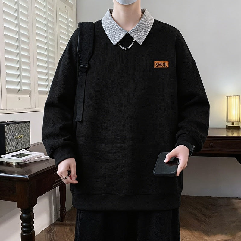Men's Loose Fit Polo Sweatshirt with Contrast Collar and Waffle Texture Mune Fashion
