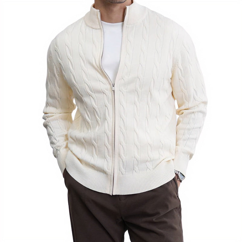 Men's Fine Cable Knit Half-Zip Cardigan with Ribbed Collar and Silver Zipper Mune Fashion