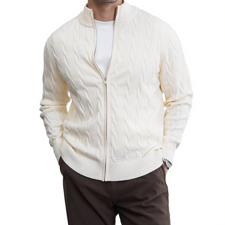 Men's Fine Cable Knit Half-Zip Cardigan with Ribbed Collar and Silver Zipper Mune Fashion