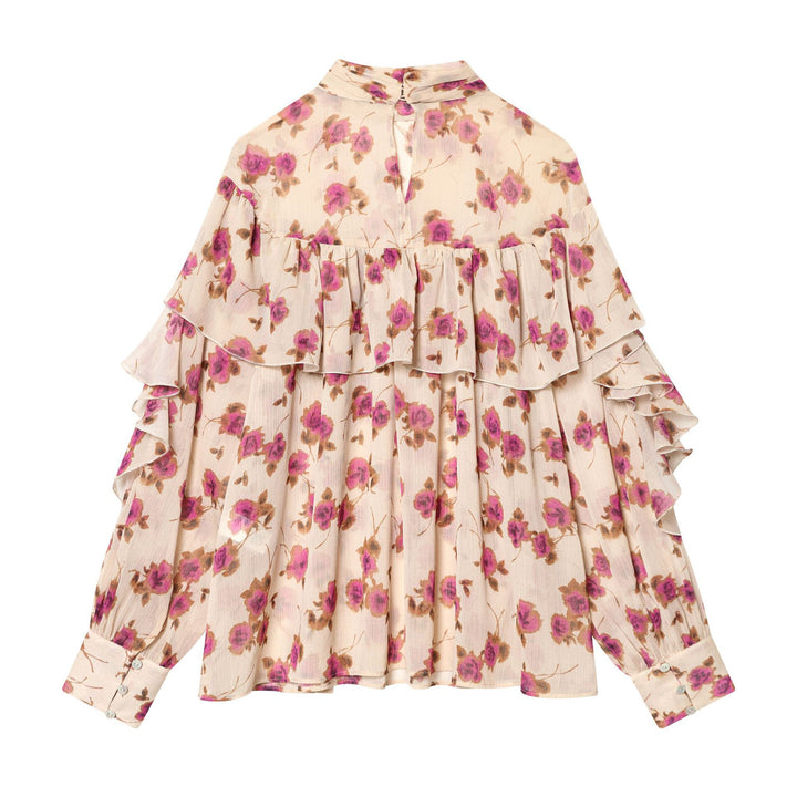 Ladies delicate ruffle blouse with stand-up collar, multi-layer ruffle tiers and floral chiffon Mune Fashion