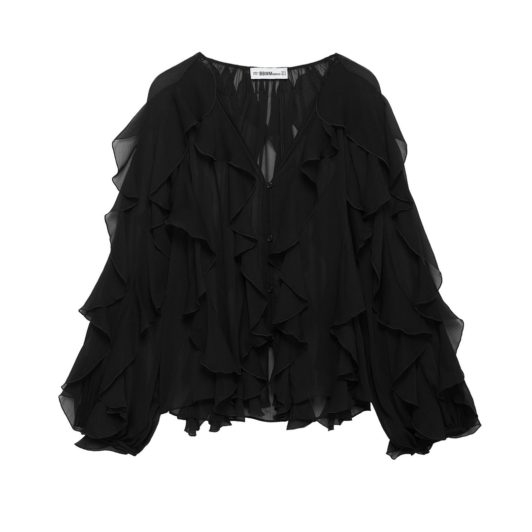 Women 200+ voluminous chiffon ruffle blouse with bat sleeves and button placket Mune Fashion