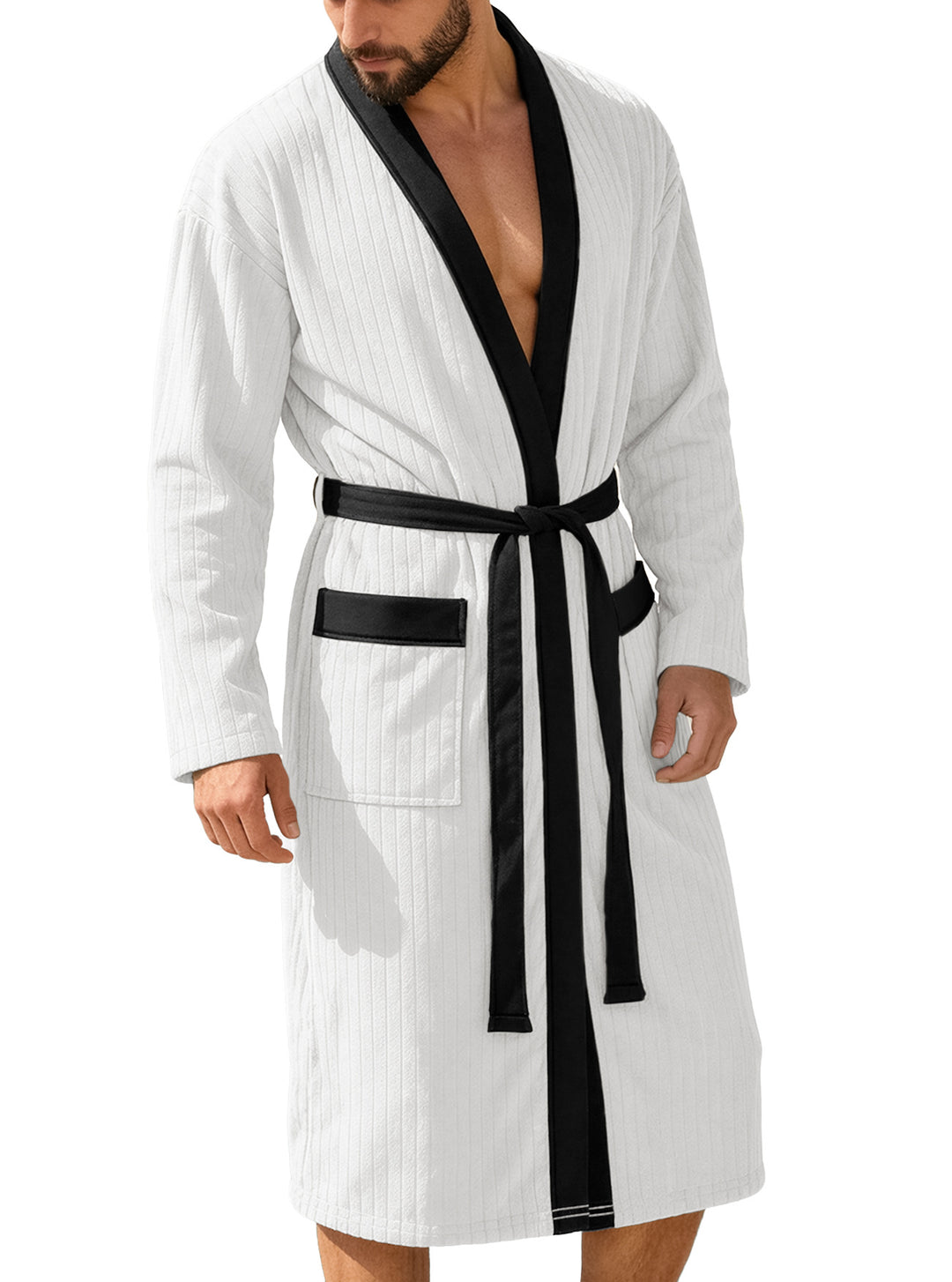 Men's knee-length ribbed kimono-style bathrobe with shawl collar and contrast piping Mune Fashion