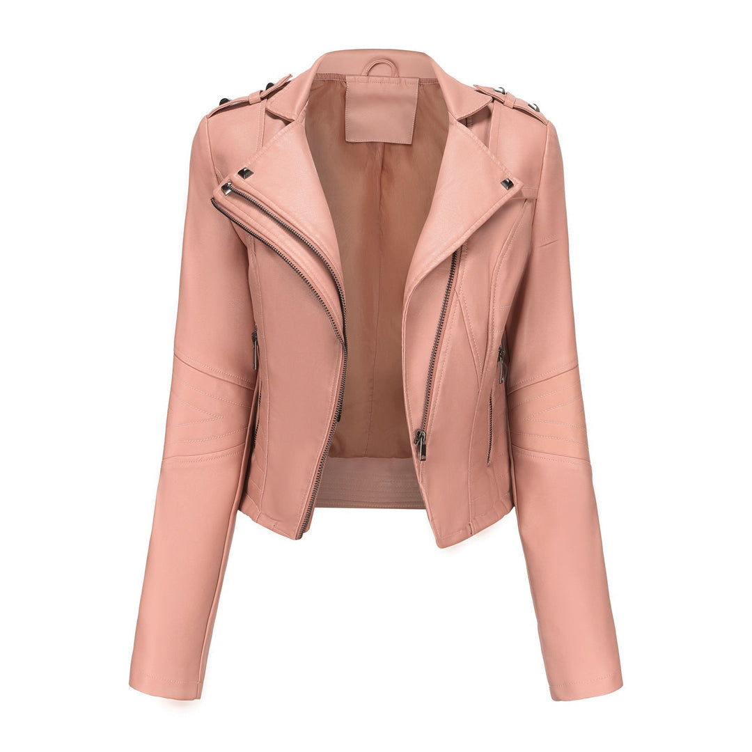 Women Stylish Biker Jacket with Asymmetrical Zipper and Detail Seams Mune