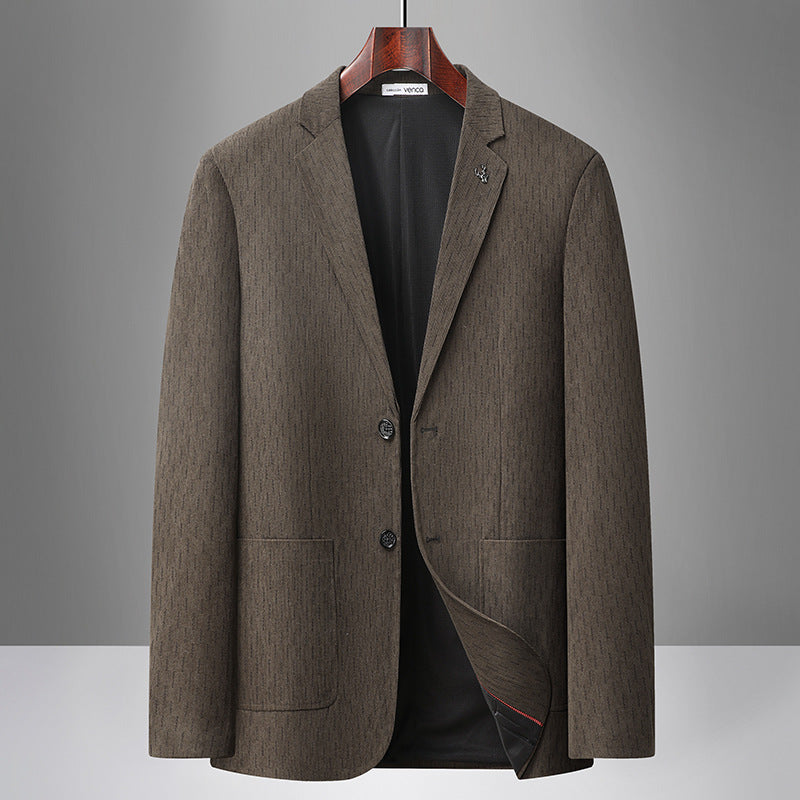 Men's Modern Business Blazer with Subtle Herringbone Pattern and Patch Pockets Mune Fashion