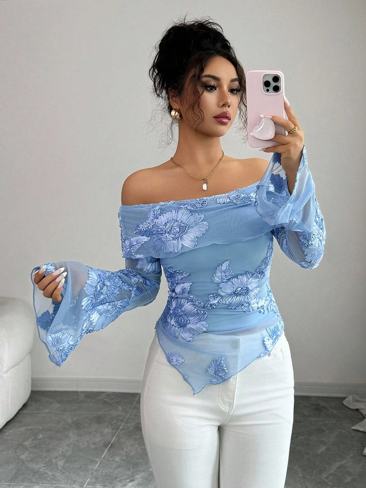 Ladies off-shoulder mesh top with three-dimensional lace appliqué, flared bell sleeves, and asymmetrical scalloped hem Mune Fashion