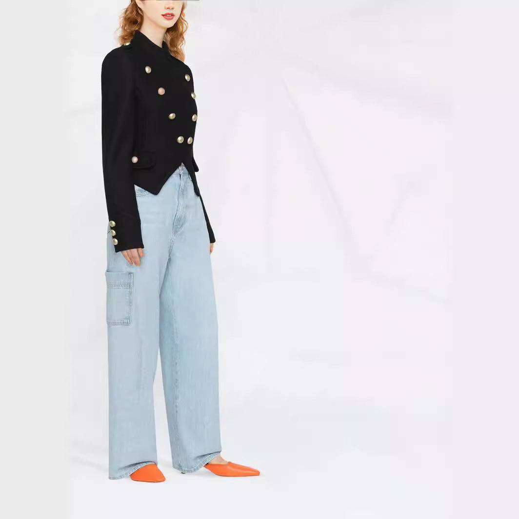 Ladies Tailored Short Military Blazer with Decorative Buttons and Stand-Up Collar Mune Fashion