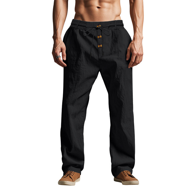 Men's relaxed pants in linen look with decorative button placket and drawstring waistband Mune Fashion