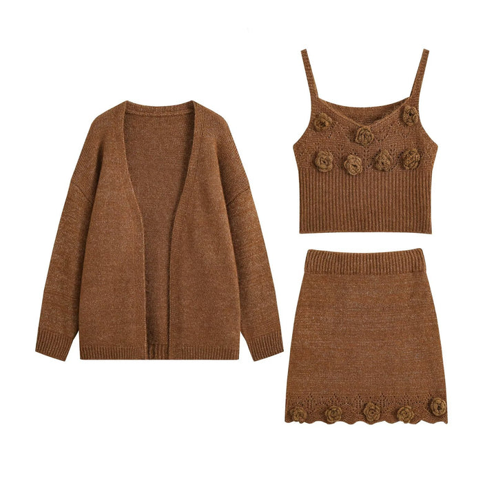 Ladies Three-Piece Knit Set with Open Cardigan, Spaghetti Top with Three-Dimensional Flowers and Fitted Skirt Drune