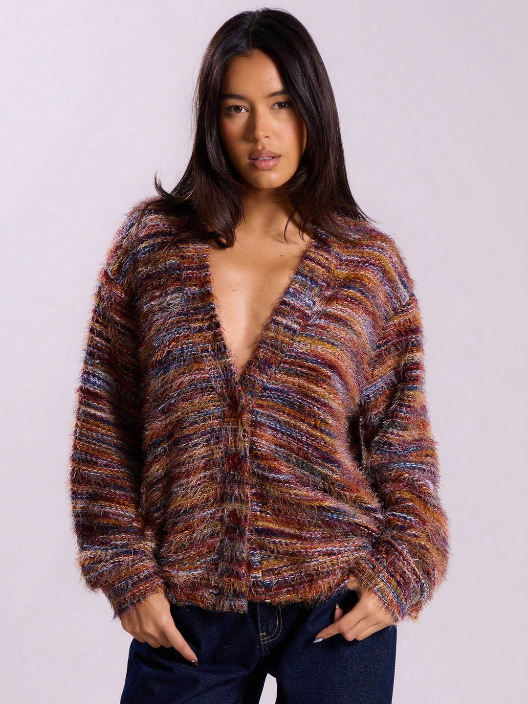 Women's Oversize Fuzzy Sweater with Wide Carmen Neckline and Mélange Knit Structure Mune Fashion