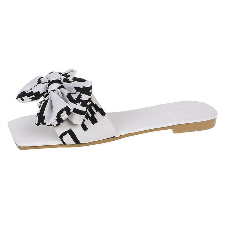 Women's Flat Strap Slides with Large Fabric Knot and Square Toe Party Mune Fashion