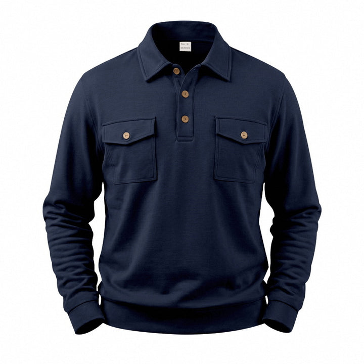Men's Long Sleeve Polo Shirt with Button Placket and Patch Pockets Mune Fashion