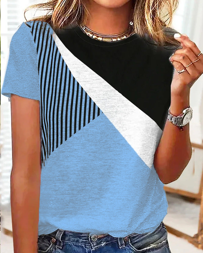 Women's Colorblock Long Sleeve Shirt with Diagonal Stripe Design and Round Neckline Mune Fashion