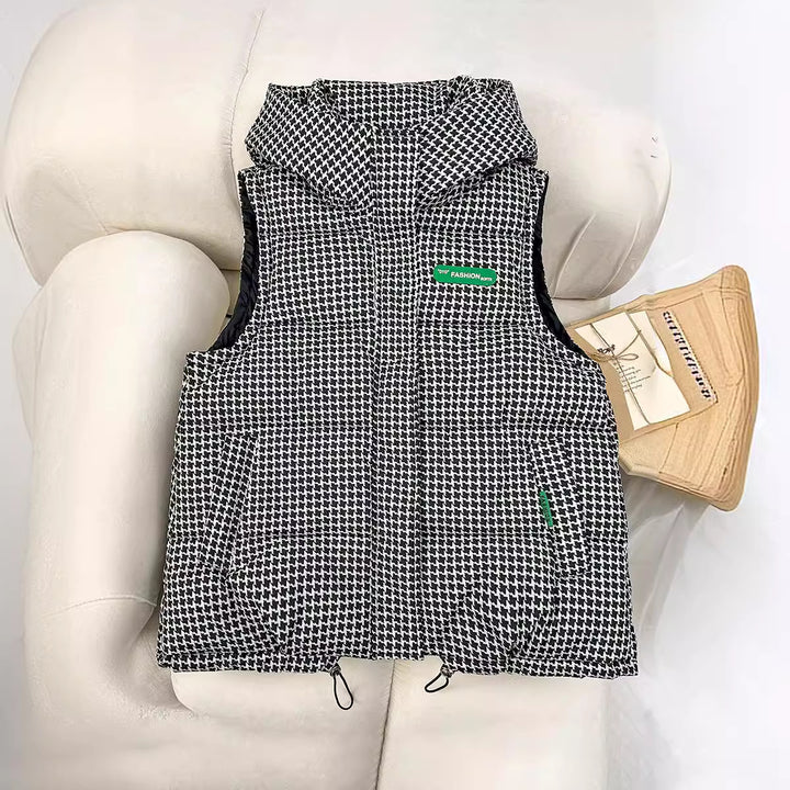 Women's quilted hooded vest with all-over logo print, padded insulation, adjustable hem, and concealed zip pockets Mune Fashion