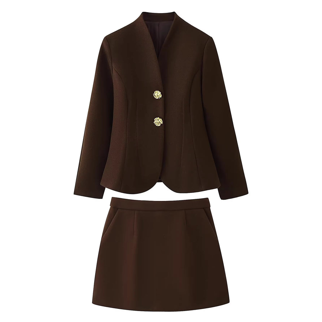 Women's Tailored Blazer with Stand Collar and Decorative Gold Buttons Mune Fashion