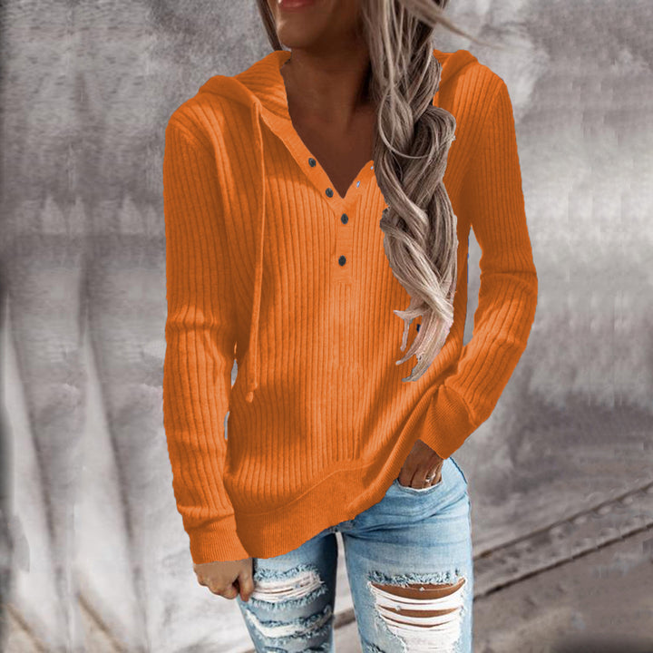 Women's Casual Ribbed Hoodie Sweater with Henley Button Placket and Drawstring Hood