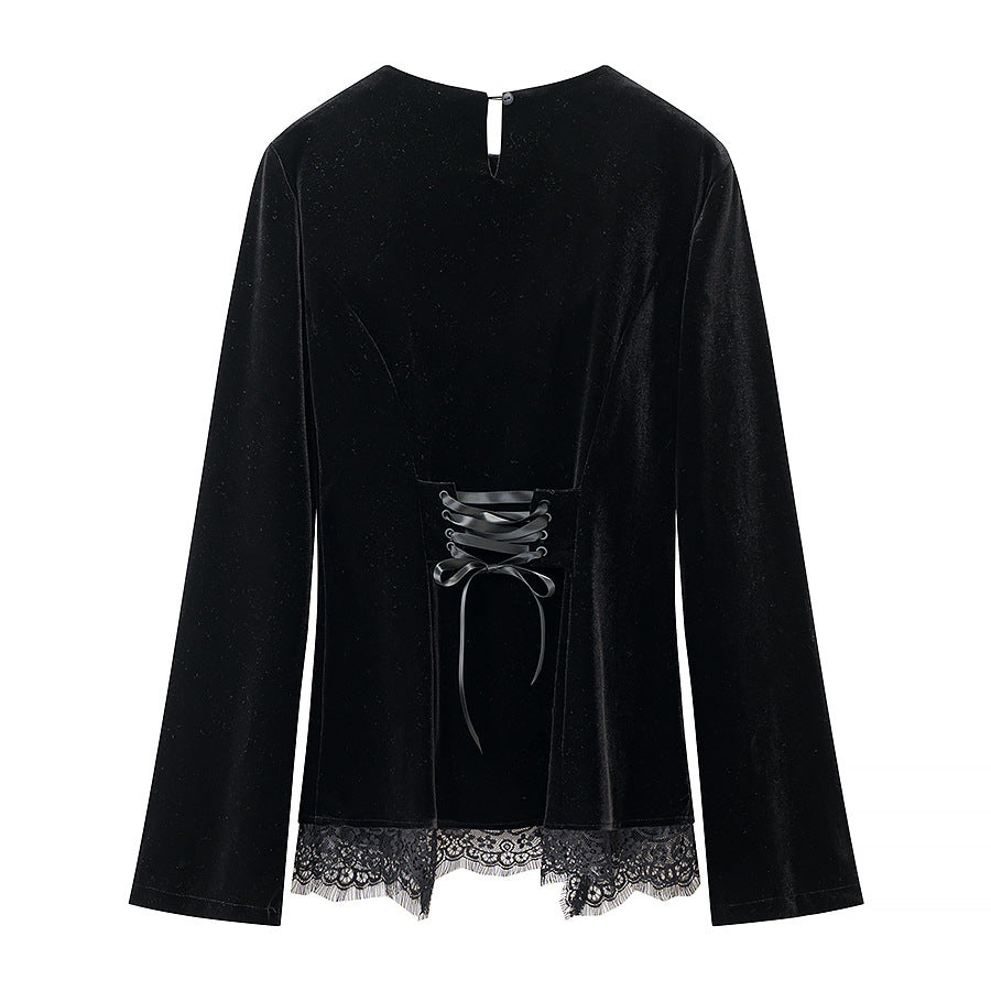 Women's velvet blouse with lace insert and asymmetrical lace hem Mune Fashion