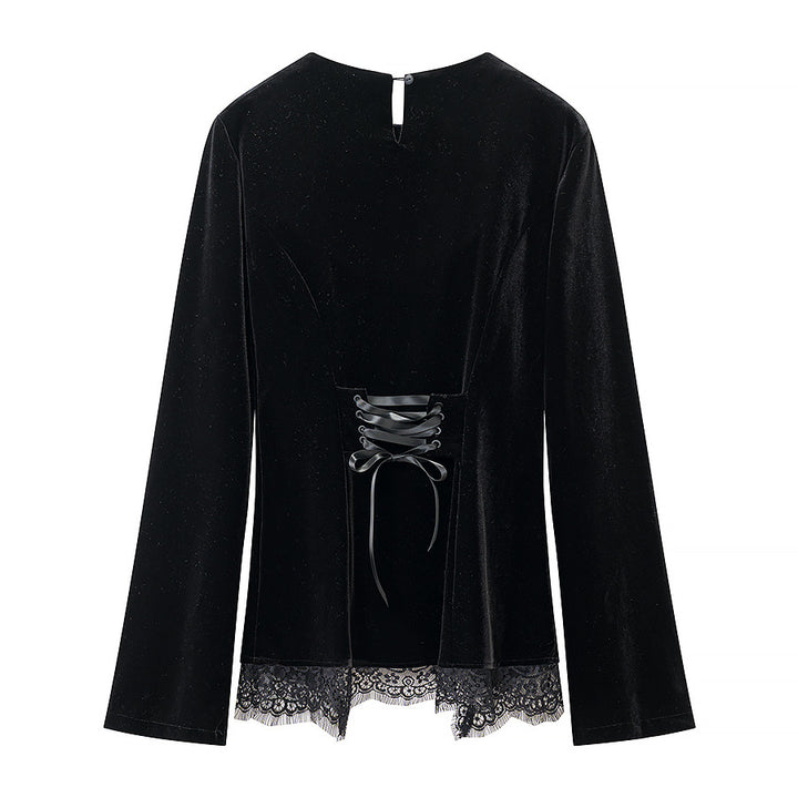 Women's velvet blouse with lace insert and asymmetrical lace hem Mune Fashion