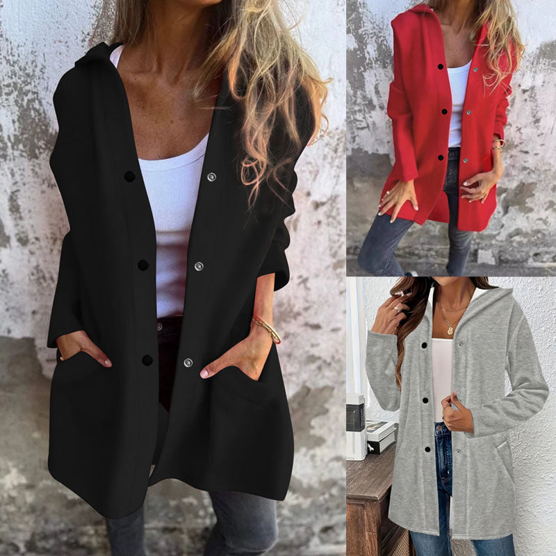 Women's Long Hooded Cardigan with Snap Button Placket, Side Pockets and Relaxed Silhouette Drune