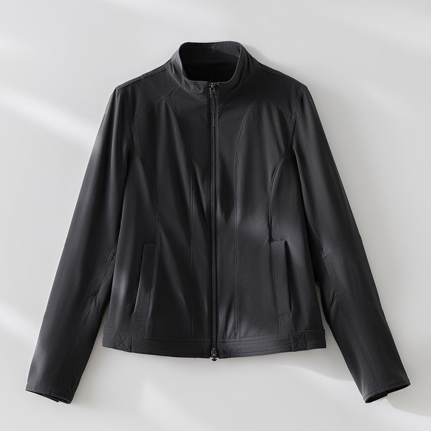 Ladies simple fitted leather jacket with stand-up collar and two-way zipper Mune Fashion